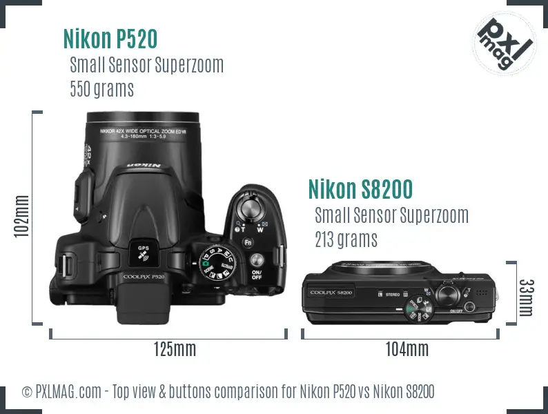 Nikon P520 vs Nikon S8200 top view buttons comparison