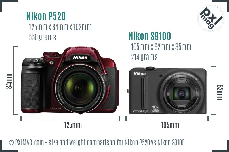 Nikon P520 vs Nikon S9100 size comparison