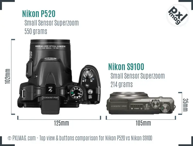 Nikon P520 vs Nikon S9100 top view buttons comparison