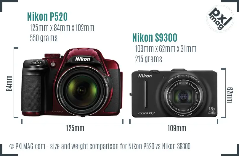 Nikon P520 vs Nikon S9300 size comparison