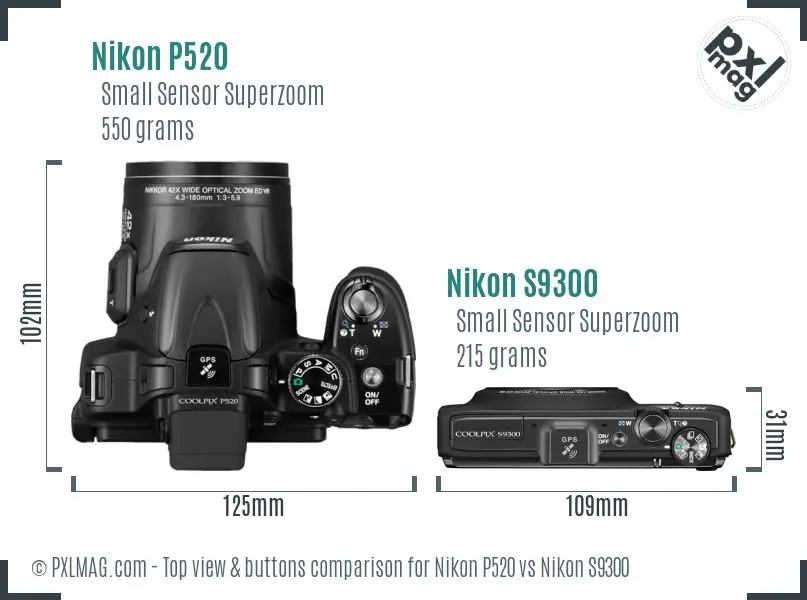 Nikon P520 vs Nikon S9300 top view buttons comparison