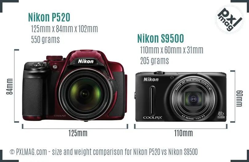 Nikon P520 vs Nikon S9500 size comparison