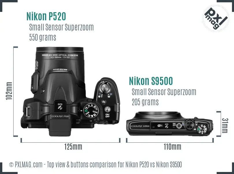 Nikon P520 vs Nikon S9500 top view buttons comparison