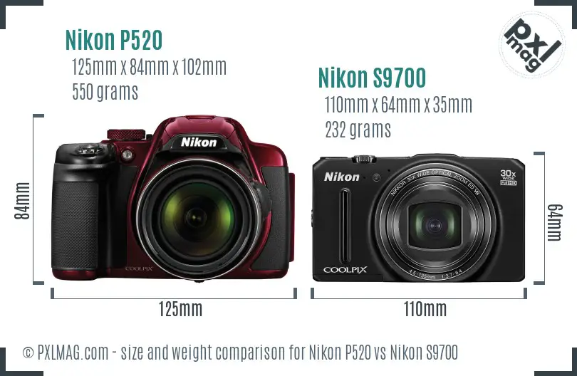 Nikon P520 vs Nikon S9700 size comparison