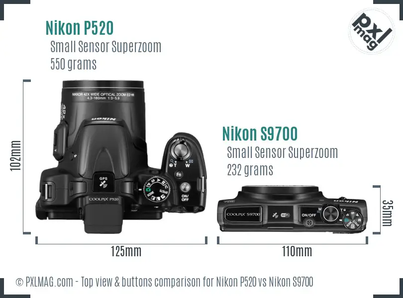 Nikon P520 vs Nikon S9700 top view buttons comparison