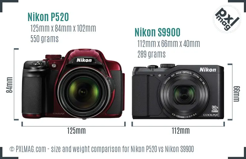 Nikon P520 vs Nikon S9900 size comparison