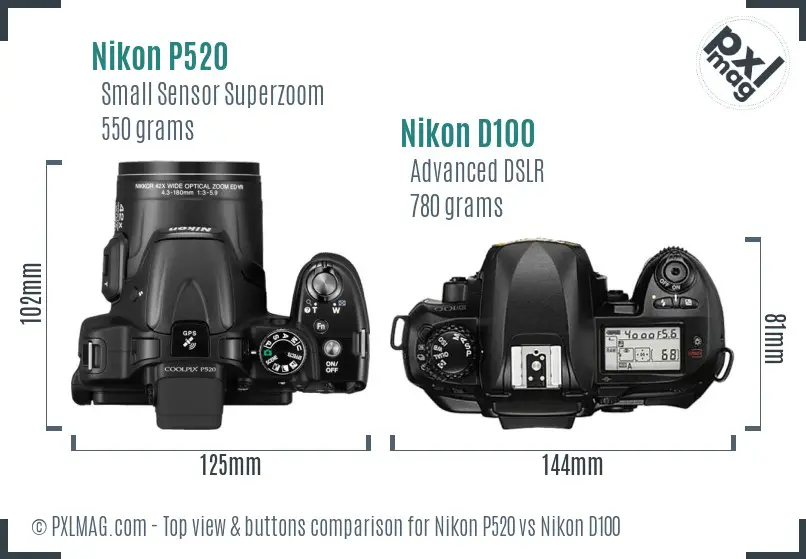 Nikon P520 vs Nikon D100 top view buttons comparison Nikon P520 vs Nikon D100 top view buttons comparison