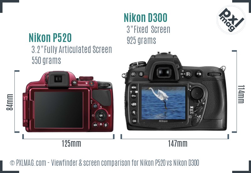 Nikon P520 vs Nikon D300 Screen and Viewfinder comparison