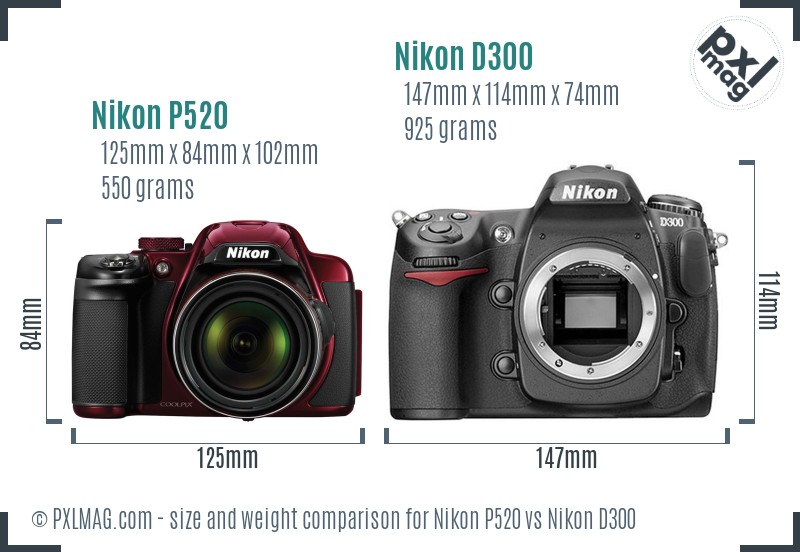 Nikon P520 vs Nikon D300 size comparison