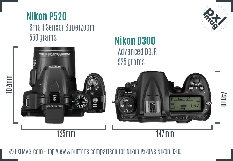 Nikon P520 vs Nikon D300 top view buttons comparison