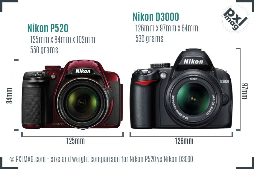 Nikon P520 vs Nikon D3000 size comparison