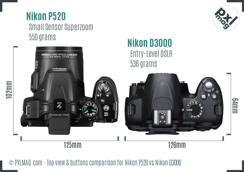 Nikon P520 vs Nikon D3000 top view buttons comparison