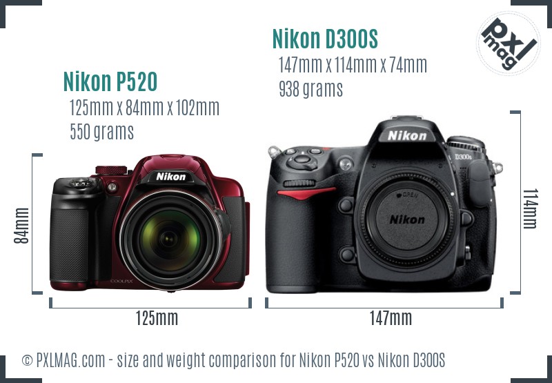 Nikon P520 vs Nikon D300S size comparison Nikon P520 vs Nikon D300S size comparison