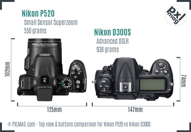Nikon P520 vs Nikon D300S top view buttons comparison