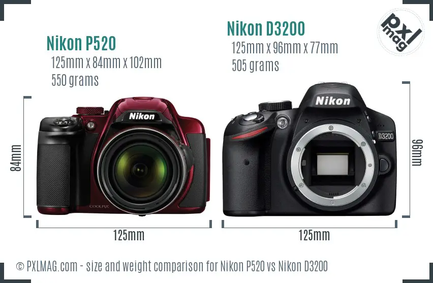 Nikon P520 vs Nikon D3200 size comparison Nikon P520 vs Nikon D3200 size comparison