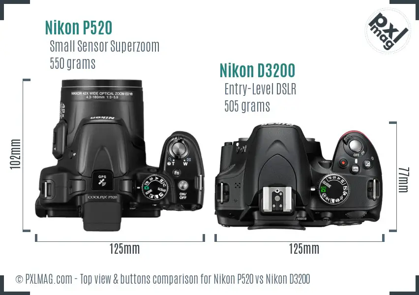 Nikon P520 vs Nikon D3200 top view buttons comparison Nikon P520 vs Nikon D3200 top view buttons comparison