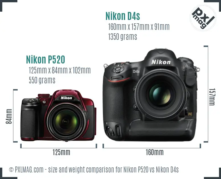 Nikon P520 vs Nikon D4s size comparison
