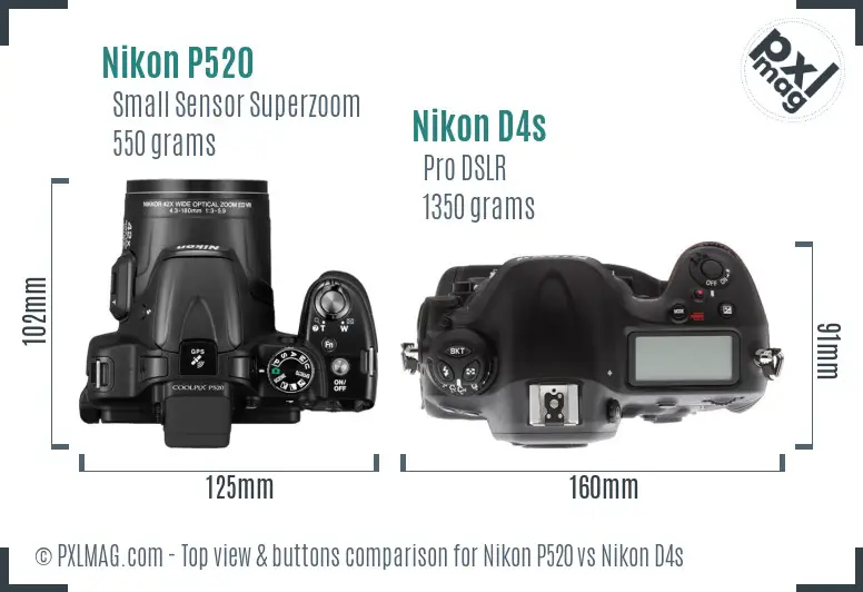Nikon P520 vs Nikon D4s top view buttons comparison