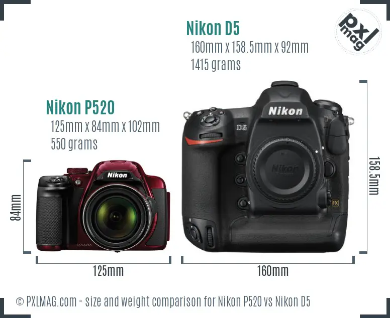 Nikon P520 vs Nikon D5 size comparison