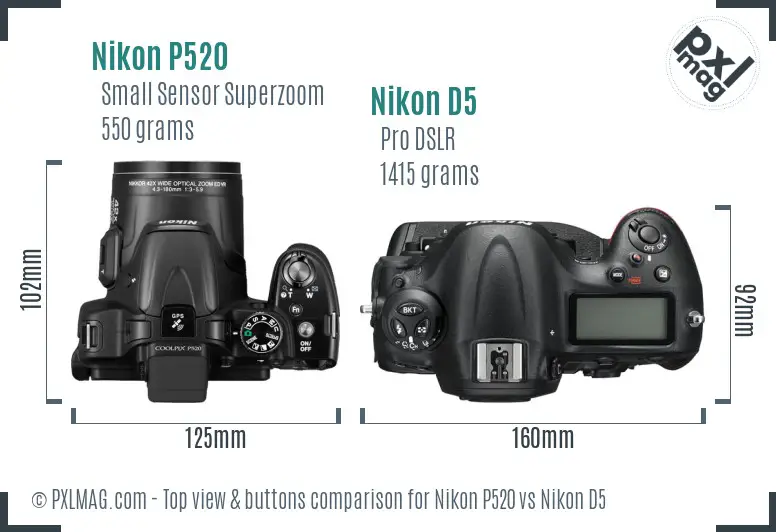 Nikon P520 vs Nikon D5 top view buttons comparison