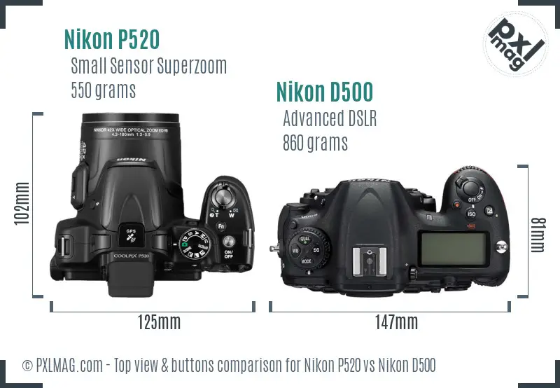 Nikon P520 vs Nikon D500 top view buttons comparison