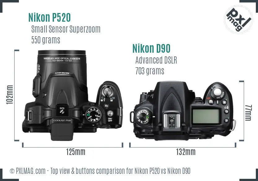 Nikon P520 vs Nikon D90 top view buttons comparison Nikon P520 vs Nikon D90 top view buttons comparison