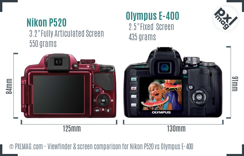 Nikon P520 vs Olympus E-400 Screen and Viewfinder comparison