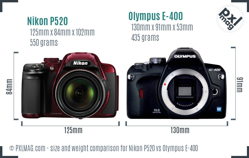 Nikon P520 vs Olympus E-400 size comparison