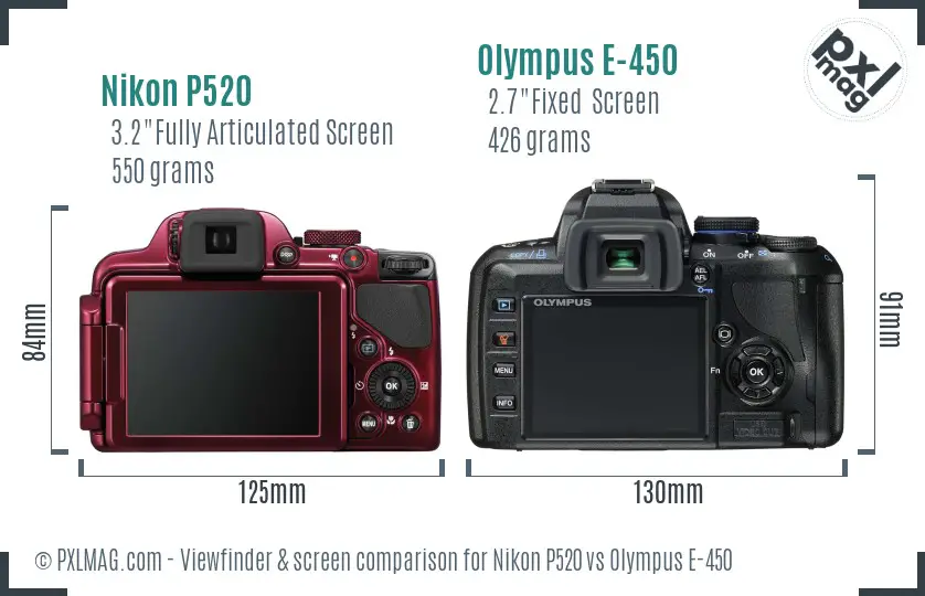 Nikon P520 vs Olympus E-450 Screen and Viewfinder comparison