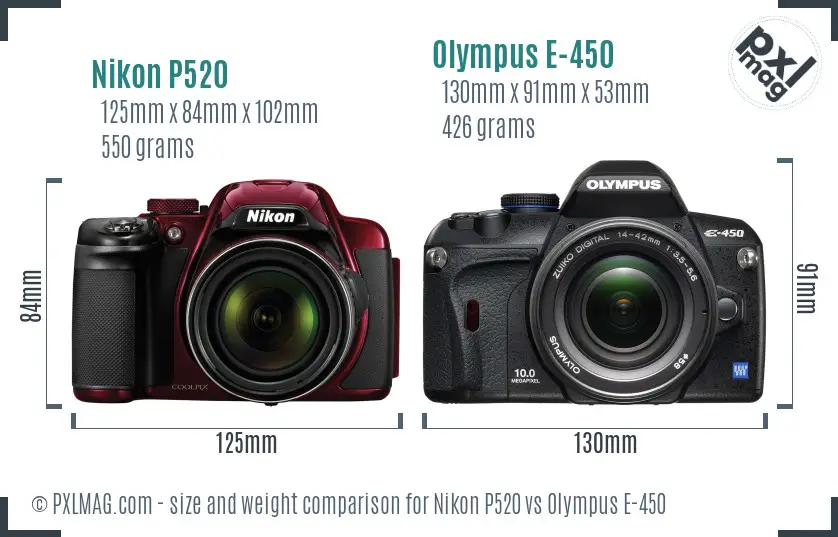 Nikon P520 vs Olympus E-450 size comparison Nikon P520 vs Olympus E-450 size comparison