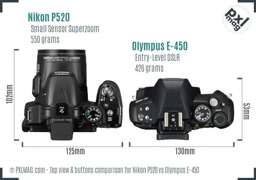 Nikon P520 vs Olympus E-450 top view buttons comparison