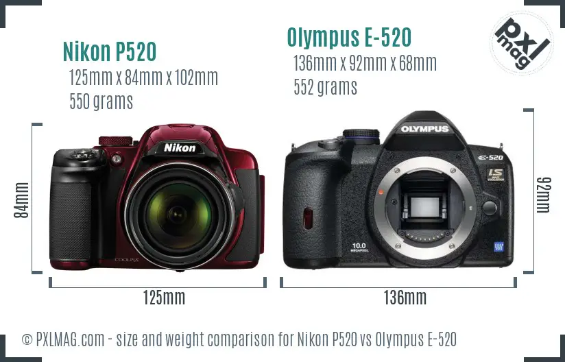 Nikon P520 vs Olympus E-520 size comparison Nikon P520 vs Olympus E-520 size comparison