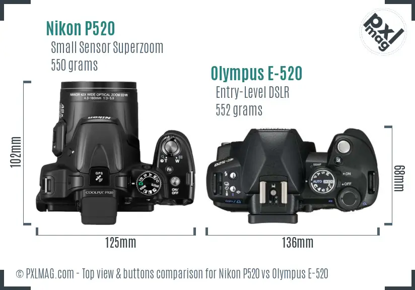Nikon P520 vs Olympus E-520 top view buttons comparison Nikon P520 vs Olympus E-520 top view buttons comparison