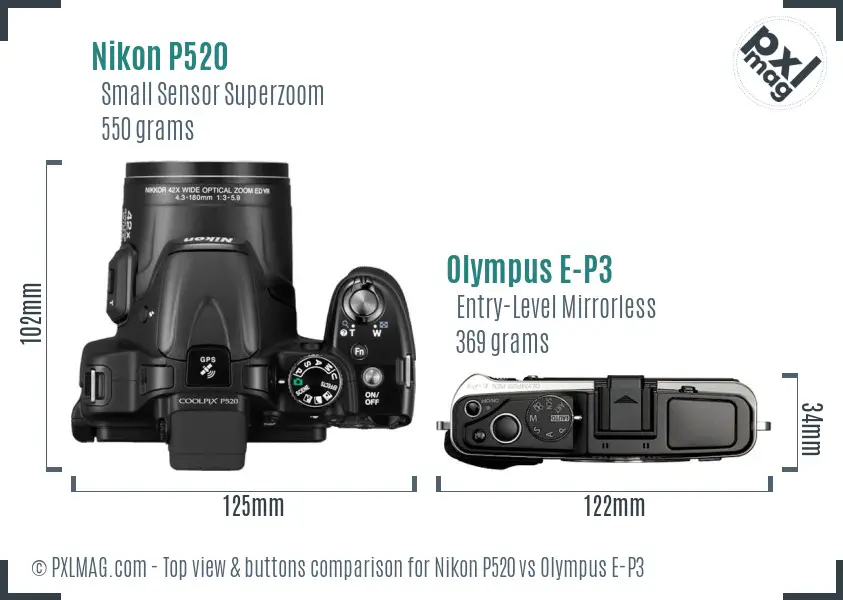 Nikon P520 vs Olympus E-P3 top view buttons comparison Nikon P520 vs Olympus E-P3 top view buttons comparison