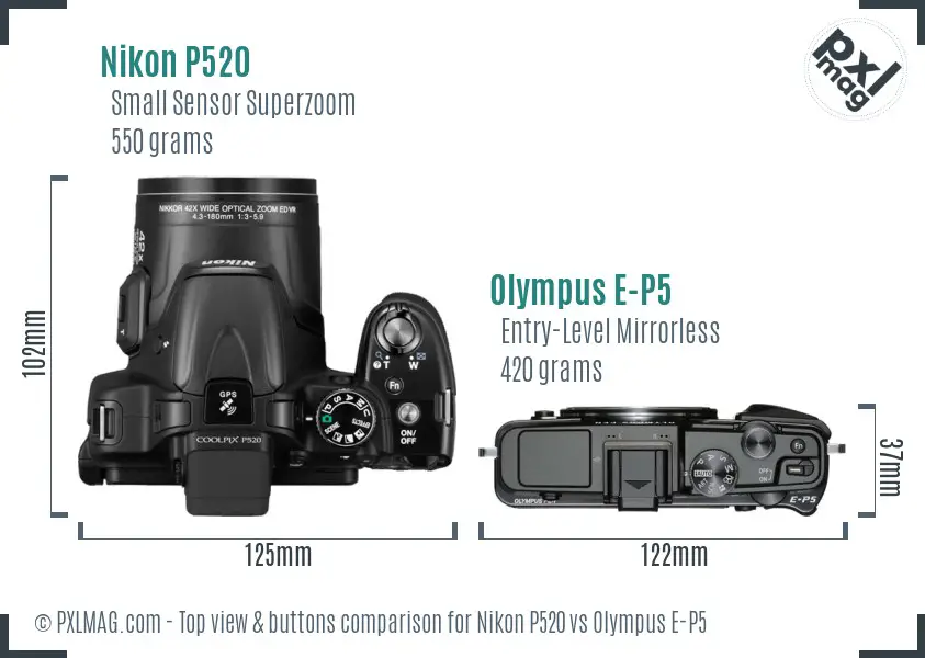 Nikon P520 vs Olympus E-P5 top view buttons comparison Nikon P520 vs Olympus E-P5 top view buttons comparison