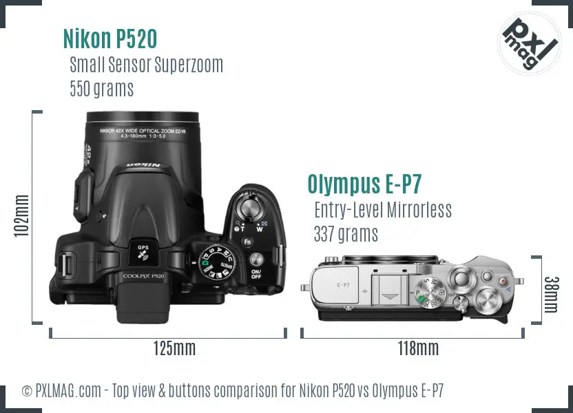 Nikon P520 vs Olympus E-P7 top view buttons comparison Nikon P520 vs Olympus E-P7 top view buttons comparison