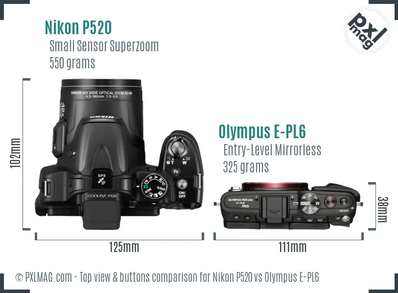 Nikon P520 vs Olympus E-PL6 top view buttons comparison