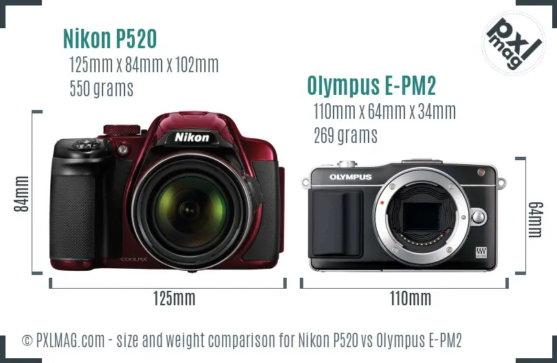 Nikon P520 vs Olympus E-PM2 size comparison