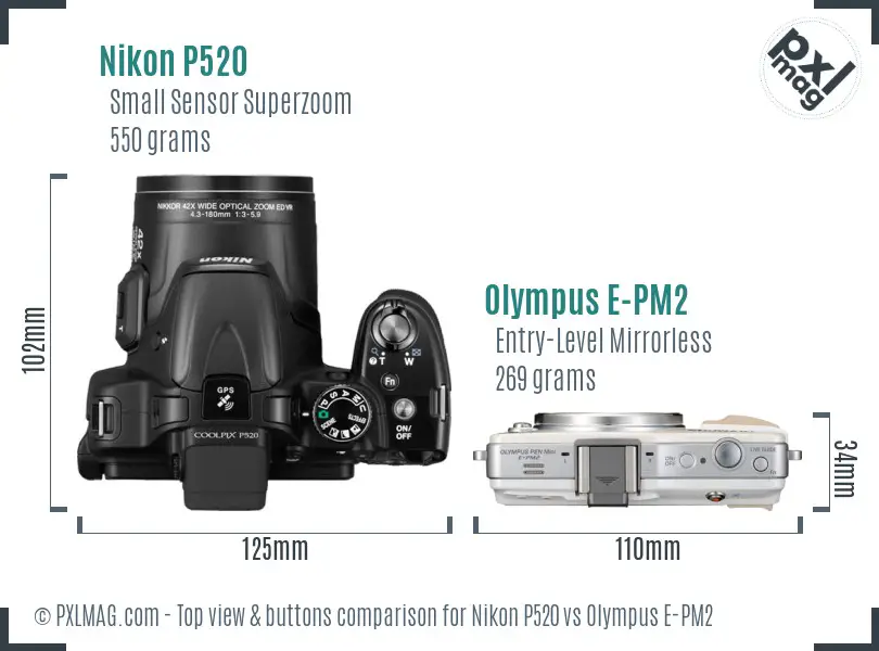 Nikon P520 vs Olympus E-PM2 top view buttons comparison