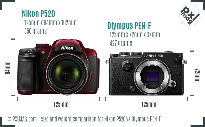 Nikon P520 vs Olympus PEN-F size comparison Nikon P520 vs Olympus PEN-F size comparison