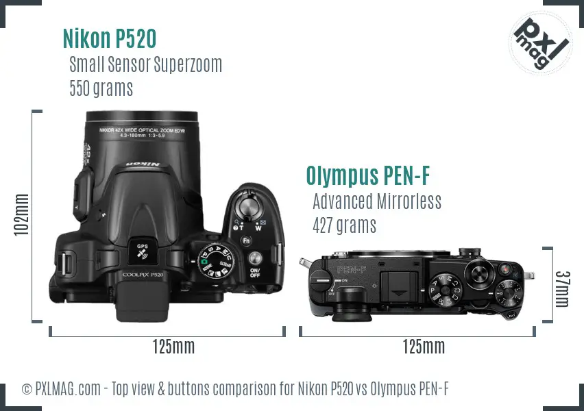 Nikon P520 vs Olympus PEN-F top view buttons comparison Nikon P520 vs Olympus PEN-F top view buttons comparison