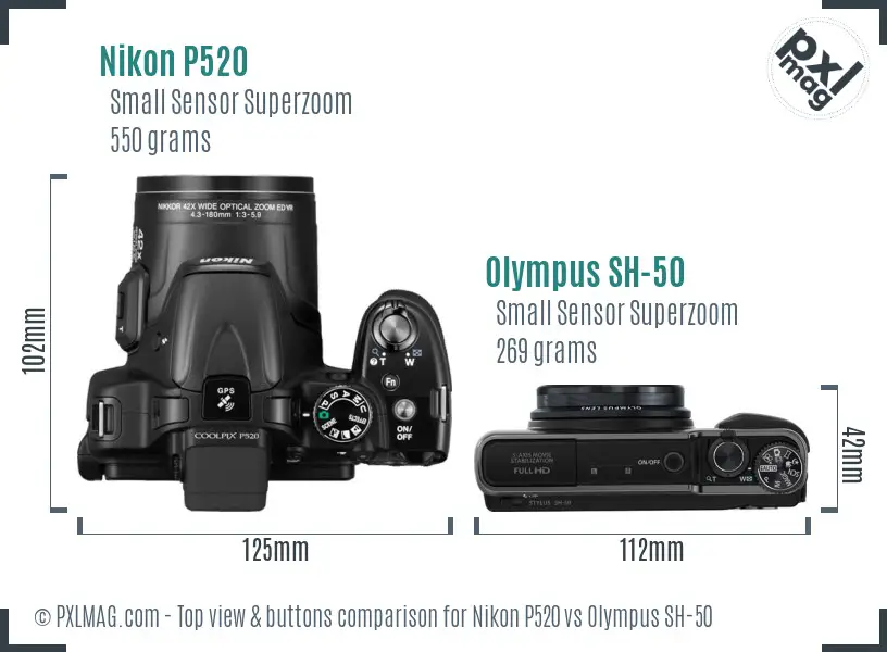 Nikon P520 vs Olympus SH-50 top view buttons comparison