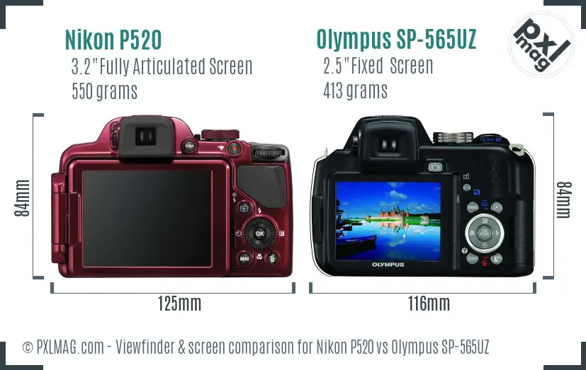 Nikon P520 vs Olympus SP-565UZ Screen and Viewfinder comparison