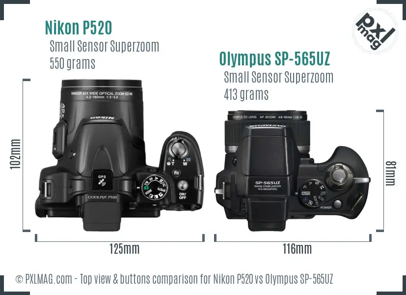 Nikon P520 vs Olympus SP-565UZ top view buttons comparison