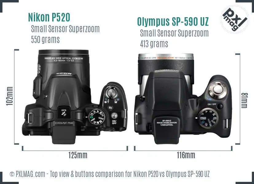 Nikon P520 vs Olympus SP-590 UZ top view buttons comparison
