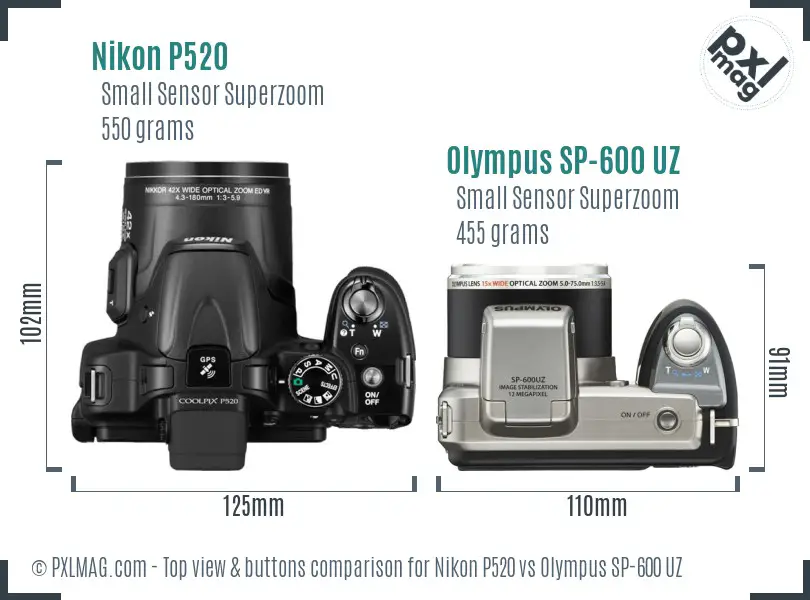 Nikon P520 vs Olympus SP-600 UZ top view buttons comparison