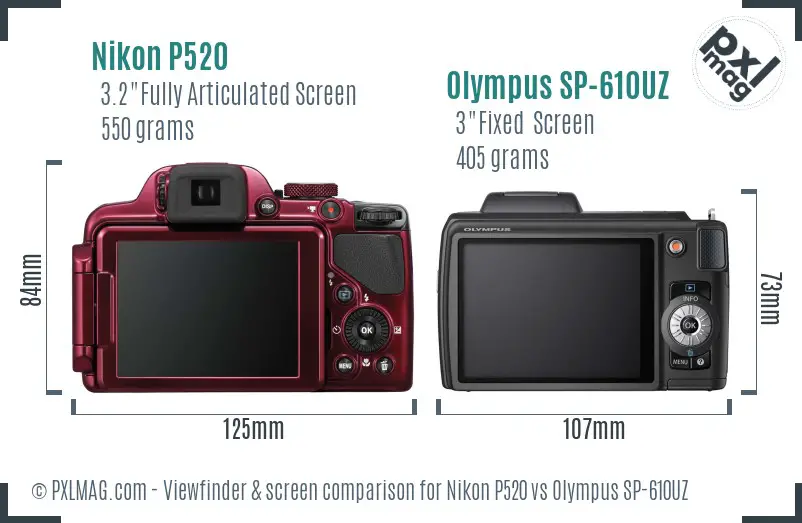 Nikon P520 vs Olympus SP-610UZ Screen and Viewfinder comparison