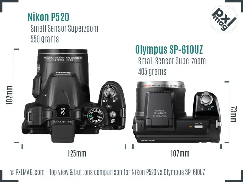 Nikon P520 vs Olympus SP-610UZ top view buttons comparison