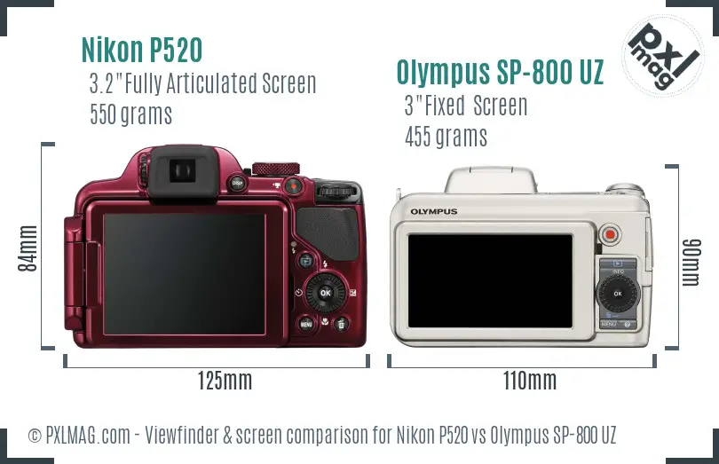 Nikon P520 vs Olympus SP-800 UZ Screen and Viewfinder comparison