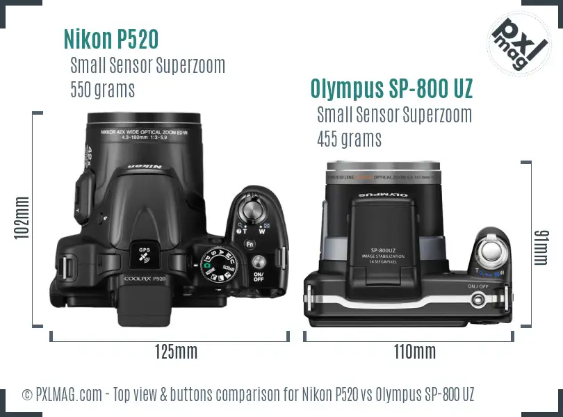 Nikon P520 vs Olympus SP-800 UZ top view buttons comparison